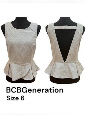 BCBGeneration Grey Diamond Print Open Back Peplum Top - Size 6
